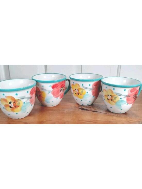 The Pioneer Woman Other - The Pioneer Woman Heritage Floral Mugs Set of 4 Stoneware Teal Polka Dot 18oz